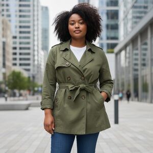 Ambiance Olive Green 100% Cotton Double Breasted Hip Length Trench Coat